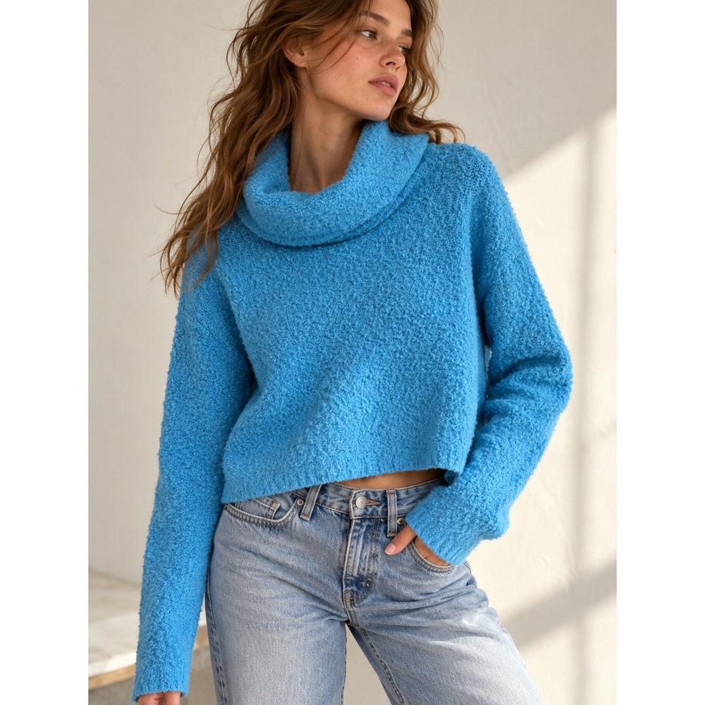 Free People Blue Cropped Cowl Neck Sweater Slouchy Boxy Cozy Knit Boho Sz S